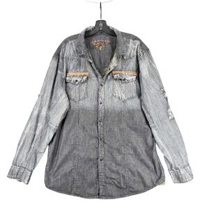 Scully Mens Grey Ombre Distressed Western Snap Button Shirt Camo Cotton Y2K